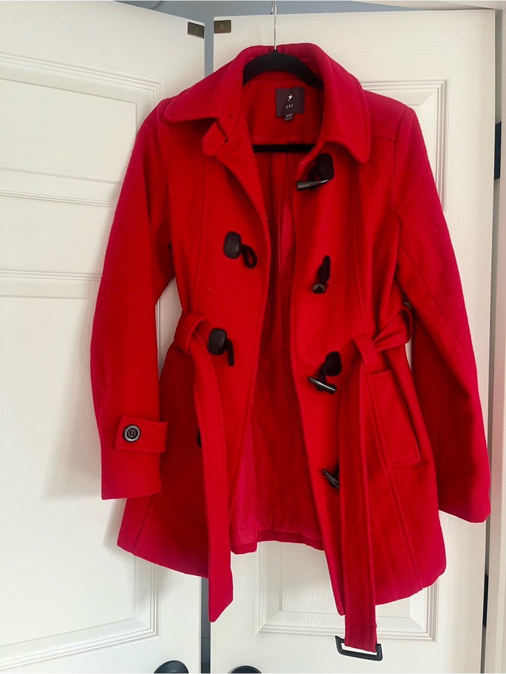 Forever 21 Red Toggle Pea Coat with Self-Tie Belt